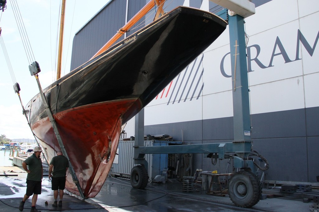 Waitangi shows off her classic Logan lines being hauled at Orams on Monday © Richard Gladwell www.photosport.co.nz